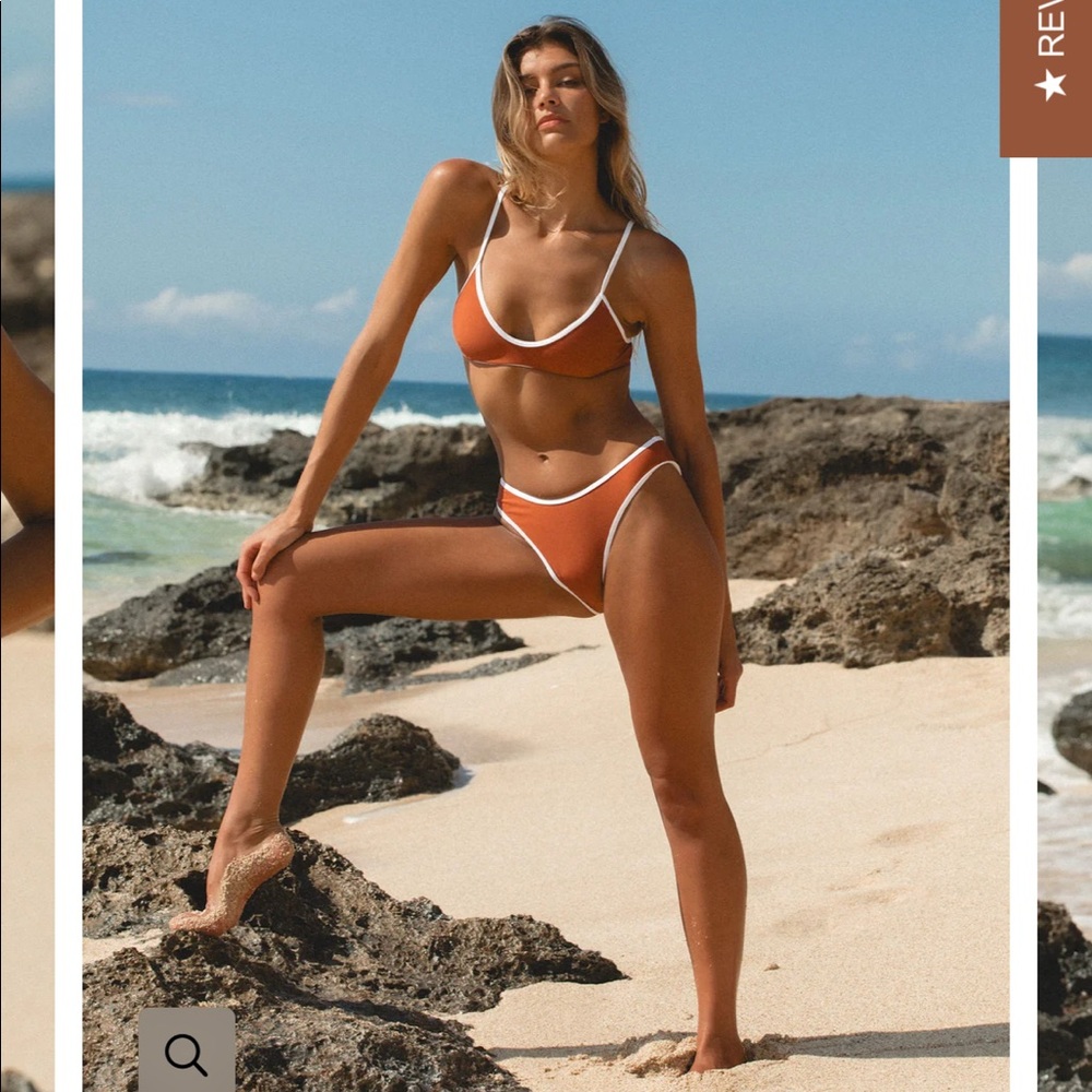 Ele swims Leah top and Sarah bottoms in terracotta